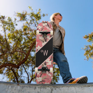 Asian Floral Pink Peach White Chinoiserie Monogram Skateboard