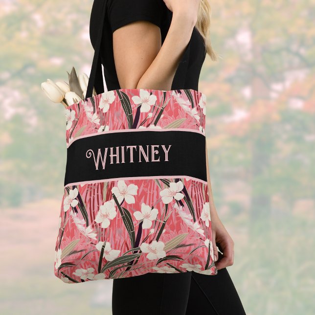 Asian Floral Pink Peach White Chinoiserie Monogram Tote Bag (Creator Uploaded)
