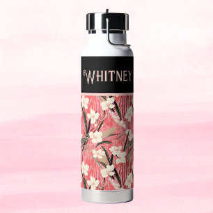 Asian Floral Pink Peach White Chinoiserie Monogram Water Bottle