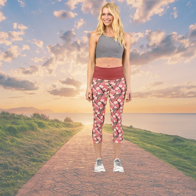 Asian Floral Print Pink Peach White Chinoiserie Capri Leggings (Creator Uploaded)