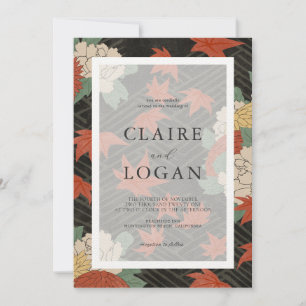 Asian Floral & Red Maple Leaves Black Wedding Invitation