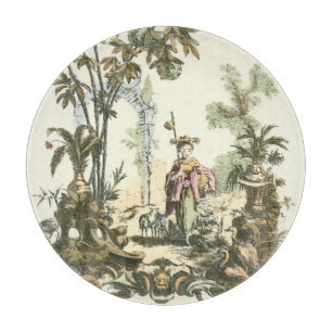 Asian Garden with Woman and Animals Cutting Board