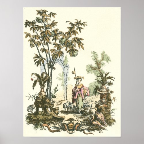 Asian Garden with Woman and Animals Poster