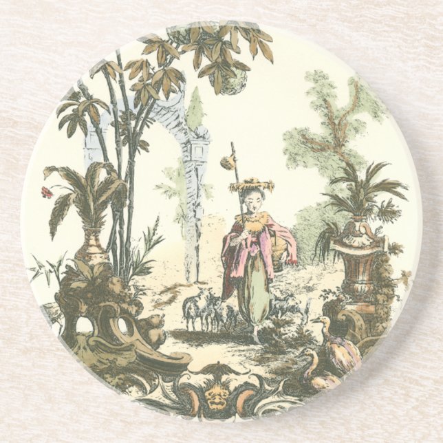 Asian Garden with Woman and Animals Sandstone Coaster (Front)