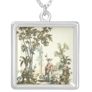 Asian Garden with Woman and Animals Silver Plated Necklace