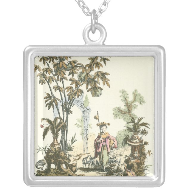Asian Garden with Woman and Animals Silver Plated Necklace (Front)