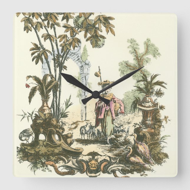 Asian Garden with Woman and Animals Square Wall Clock (Front)