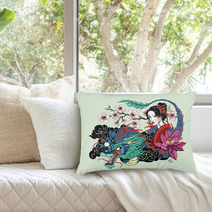 Asian Geisha Dragon Cherry Blossoms Blue Accent Pillow