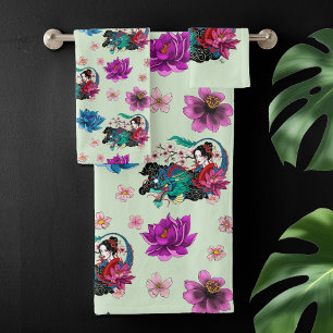 Asian Geisha Dragon Cherry Blossoms Blue Bath Towel Set