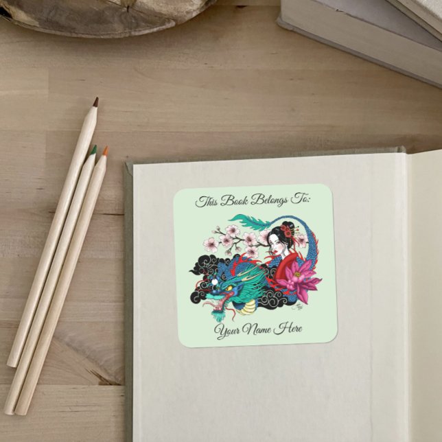 Asian Geisha Dragon Cherry Blossoms Blue Bookplate (Creator Uploaded)