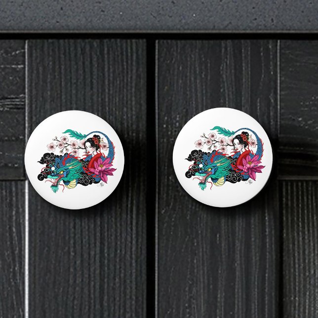 Asian Geisha Dragon Cherry Blossoms Blue Ceramic Knob (Creator Uploaded)