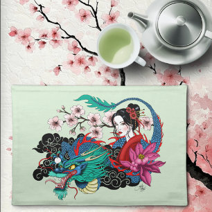 Asian Geisha Dragon Cherry Blossoms Blue Cloth Placemat