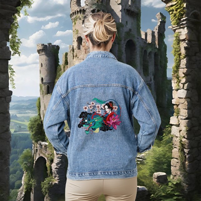 Asian Geisha Dragon Cherry Blossoms Blue Denim Jacket (Creator Uploaded)