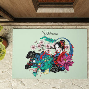 Asian Geisha Dragon Cherry Blossoms Blue Doormat