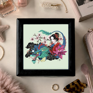 Asian Geisha Dragon Cherry Blossoms Blue Gift Box