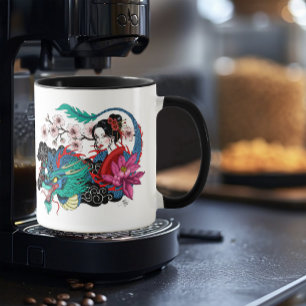 Asian Geisha Dragon Cherry Blossoms Blue Mug