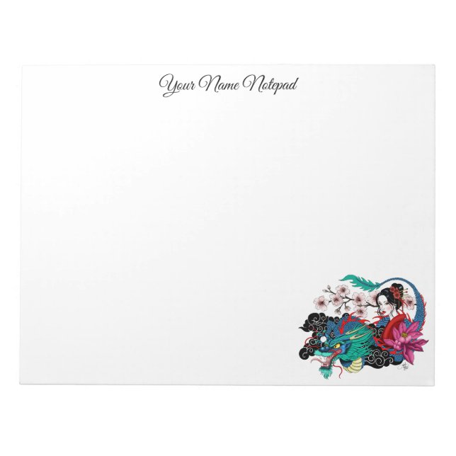 Asian Geisha Dragon Cherry Blossoms Blue Notepad (Front)