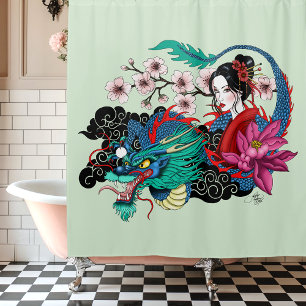 Asian Geisha Dragon Cherry Blossoms Blue Shower Curtain