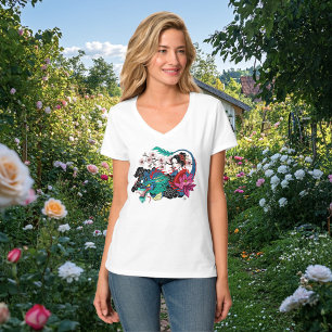 Asian Geisha Dragon Cherry Blossoms Blue T-Shirt