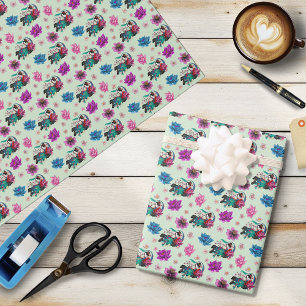 Asian Geisha Dragon Cherry Blossoms Blue Wrapping Paper