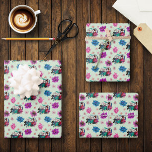 Asian Geisha Dragon Cherry Blossoms Blue Wrapping Paper Sheets