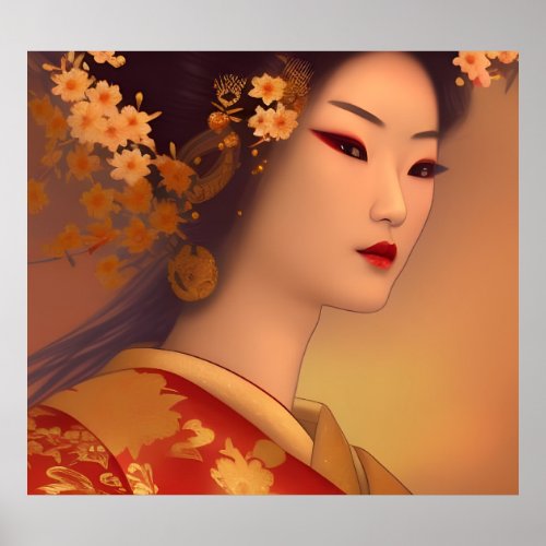 Asian Geisha red gold blossoms traditional  Poster
