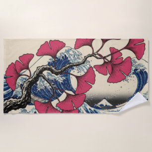 Asian Ginkgo Ocean Waves Beach Towel