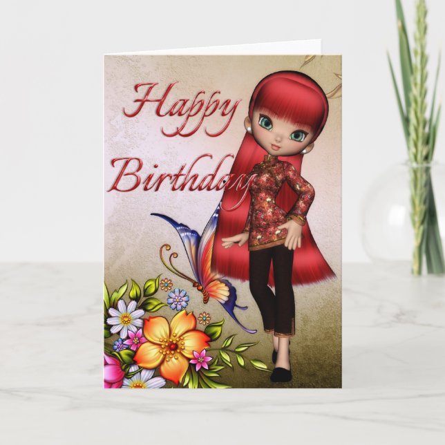 Asian Girl Beautiful Flowers Happy Birthday Card 1 (Front)