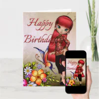 Asian Girl Beautiful Flowers Happy Birthday Card 1 | Zazzle