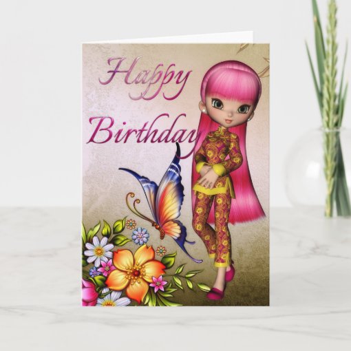 Asian Girl Beautiful Flowers Happy Birthday Card 2 | Zazzle