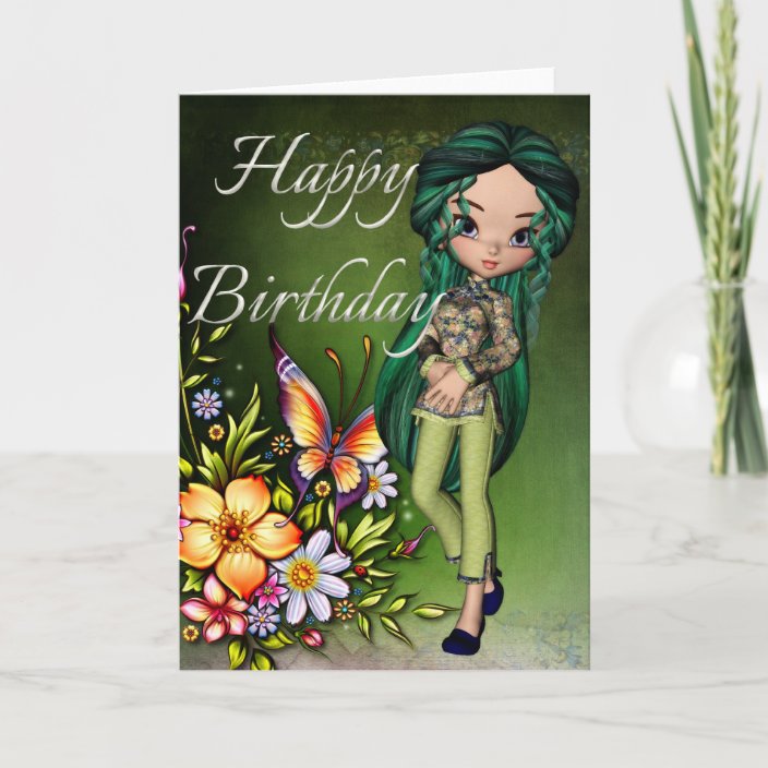 Asian Girl Beautiful Flowers Happy Birthday Card 5 | Zazzle.com