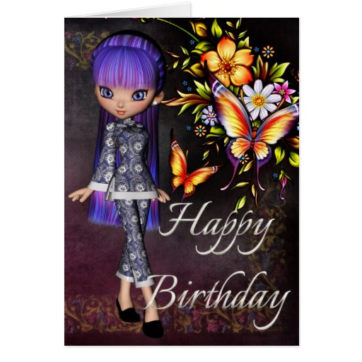 Asian Girl Beautiful Flowers Happy Birthday Card 6 | Zazzle