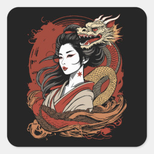 Asian Girl Chinese Dragon Square Sticker