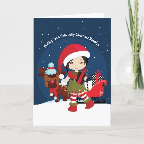 Asian Girl Elf Holiday Card