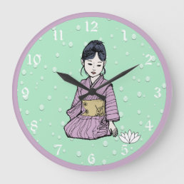 Asian Girl in Pink Mauve Kimono White Lotus Water Large Clock
