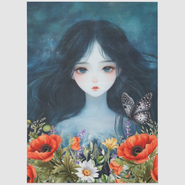 Asian Girl Wildflowers & Red Poppies Abstract Art  Tissue Paper (Front)