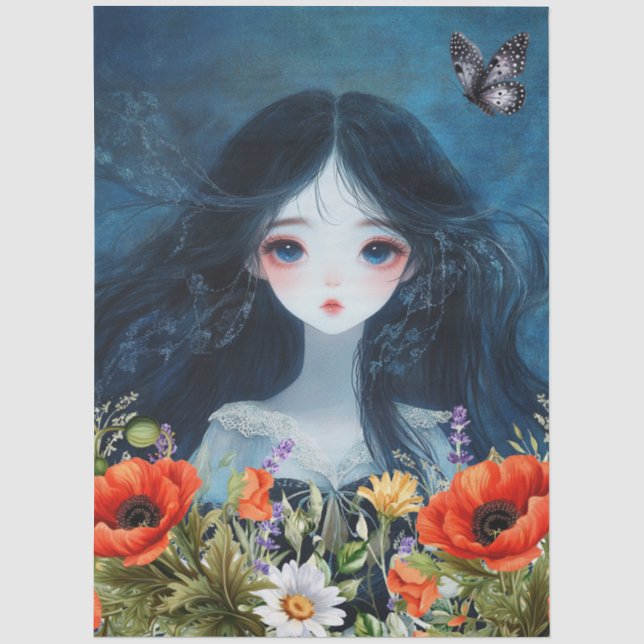 Asian Girl Wildflowers & Red Poppies Abstract Art  Tissue Paper (Front)