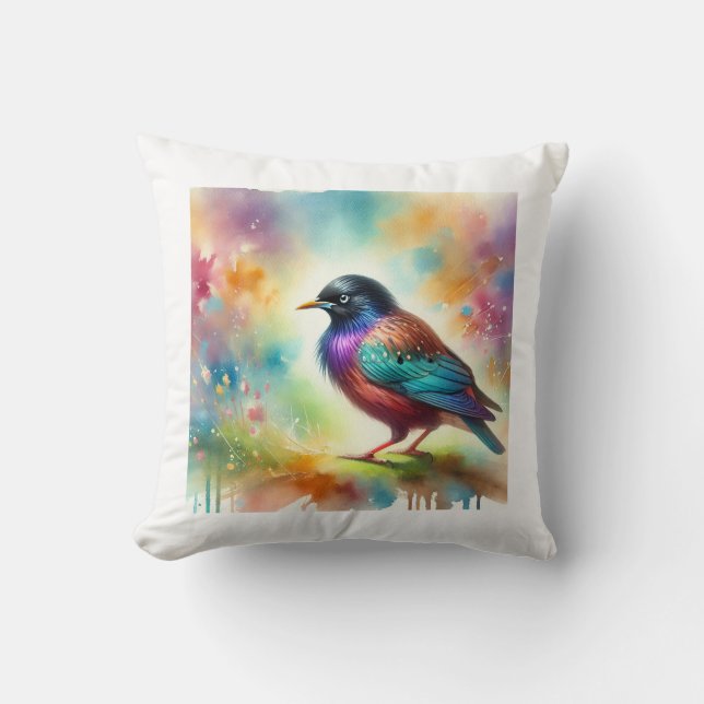 Asian glossy starling 050824AREF145 - Watercolor Throw Pillow (Front)