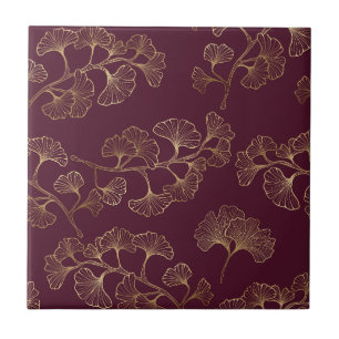 Asian Gold Botanical Pattern Ceramic Tile