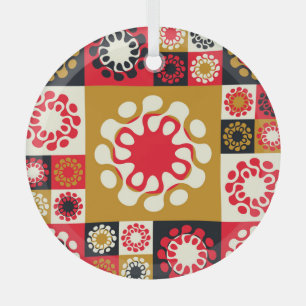 Asian Gold Red Mosaic, Ethnic Style. Glass Ornament