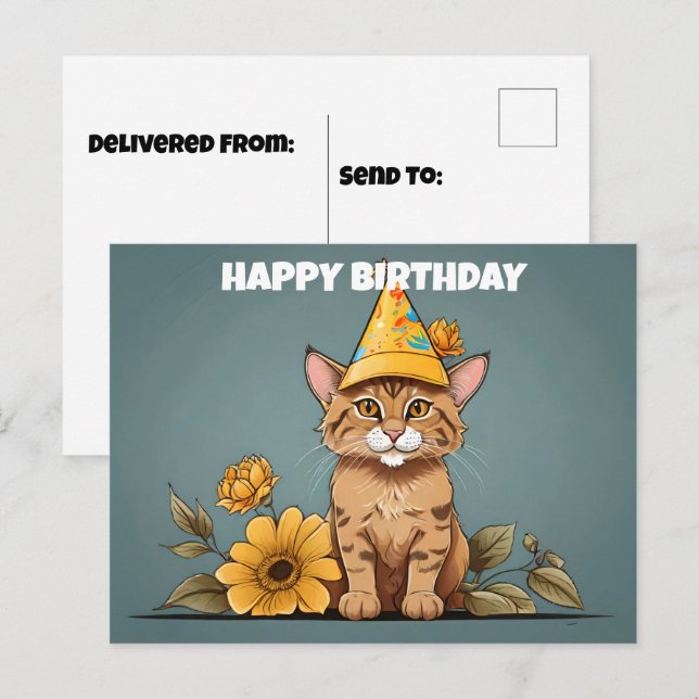 Asian Golden cat wearing birthday hat Postcard (Front/Back)