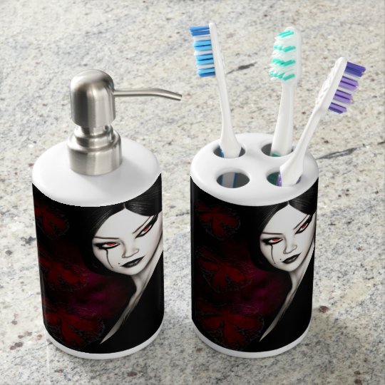 Asian gothic soap dispenser and toothbrush holder
