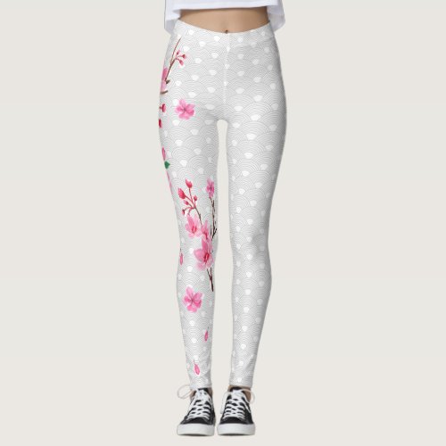 Asian Gray Rainbow Pattern With Cherry Blossoms Leggings