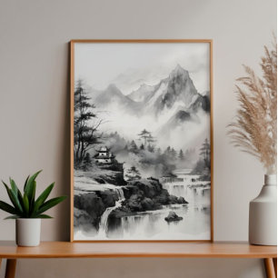 Asian House in Mountains Ink Painting Photo Print