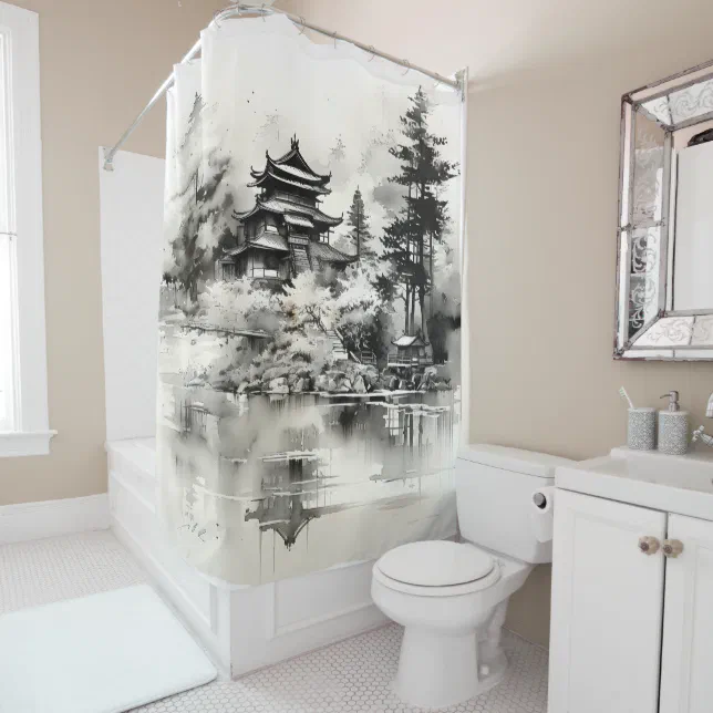 Asian House Ink Painting Shower Curtain | Zazzle