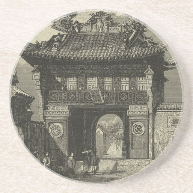 Asian Imperial Temple in Black & White Coaster (Front)