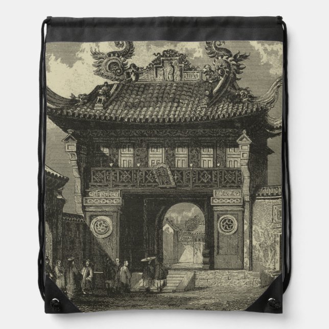 Asian Imperial Temple in Black & White Drawstring Bag (Front)