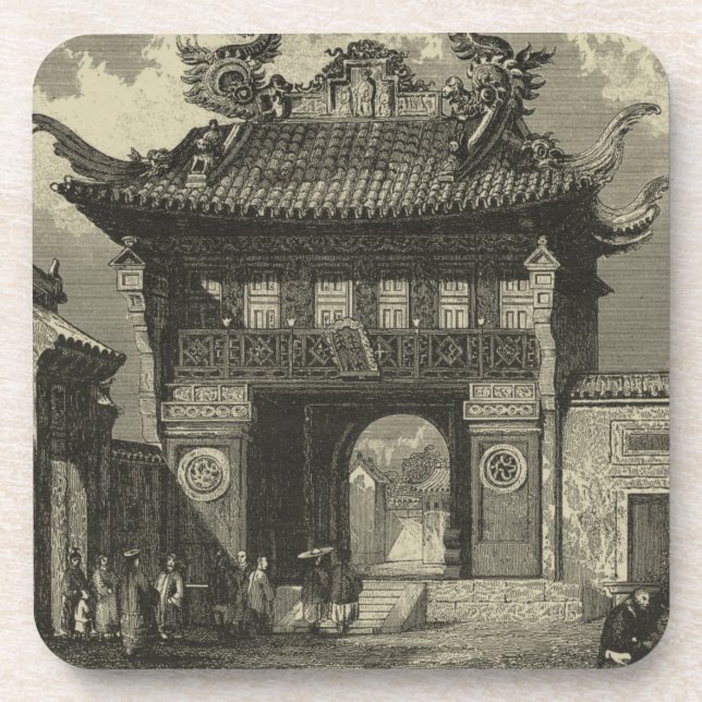 Asian Imperial Temple in Black & White Drink Coaster (Front)