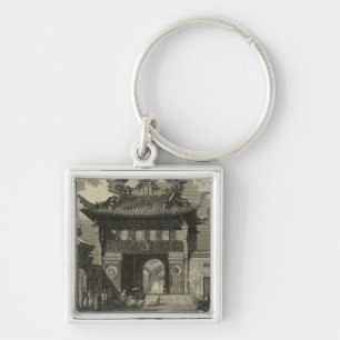 Asian Imperial Temple in Black & White Keychain