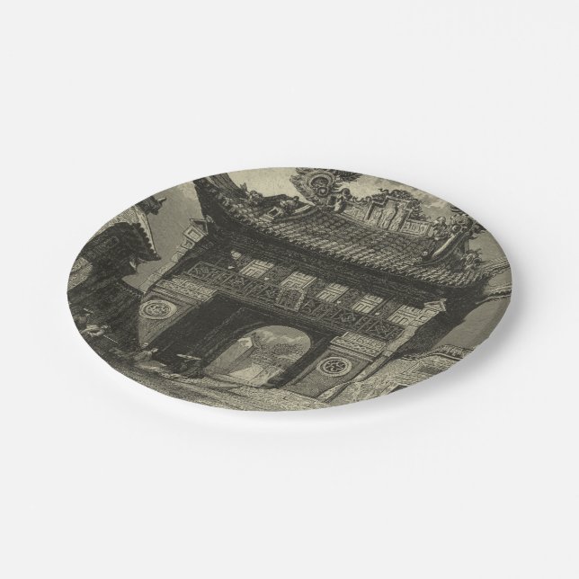 Asian Imperial Temple in Black & White Paper Plates (Angled)